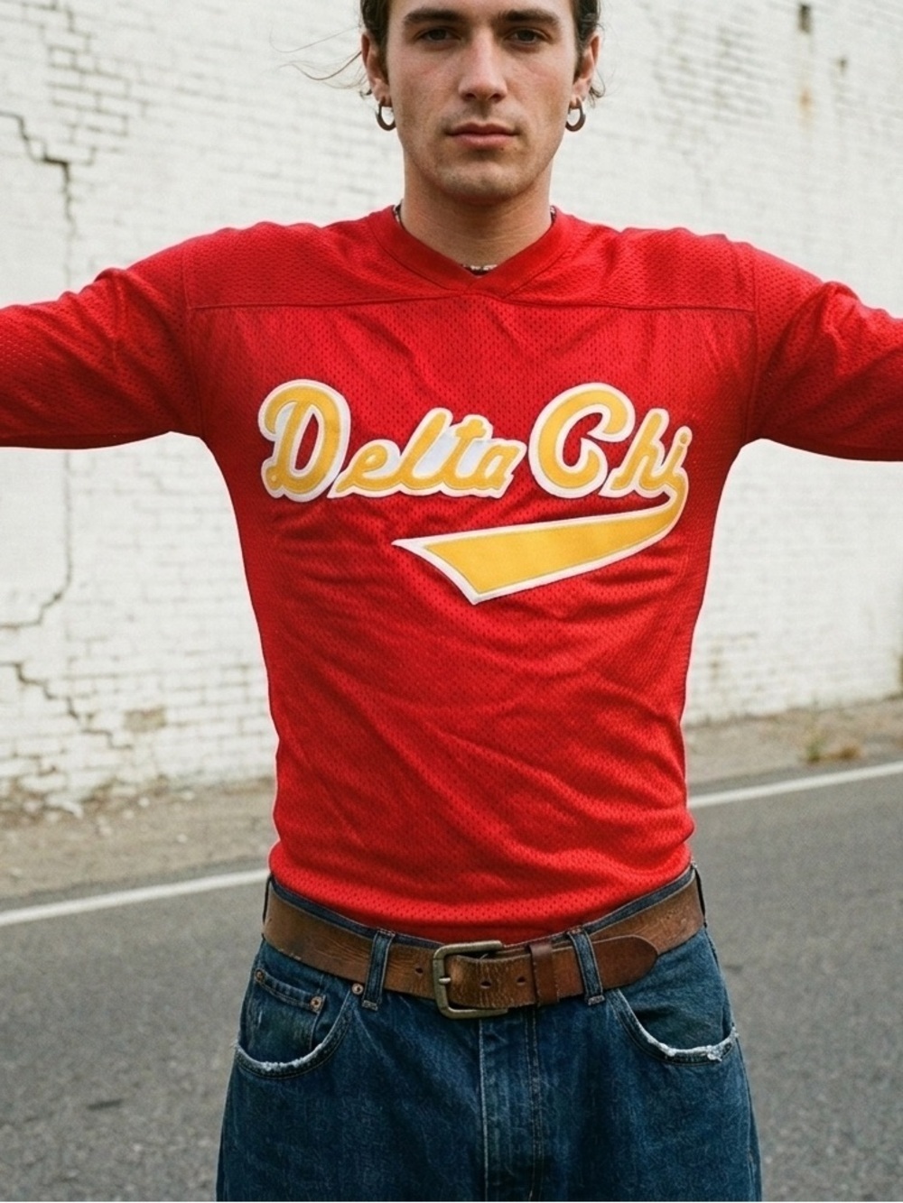 Vintage 90s Delta Chi Fraternity Jersey Red Mesh Tackle Twill Script Boxy XS/S